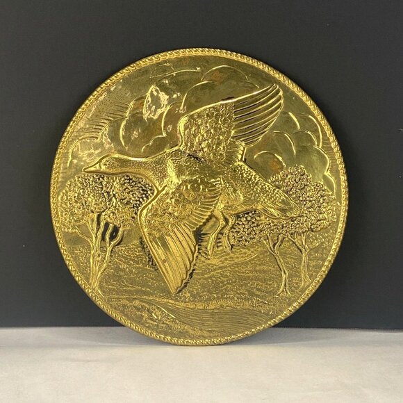 Vintage Retro Embossed Brass Wall Decor Plate Flying Duck or Goose - Picture 1 of 8